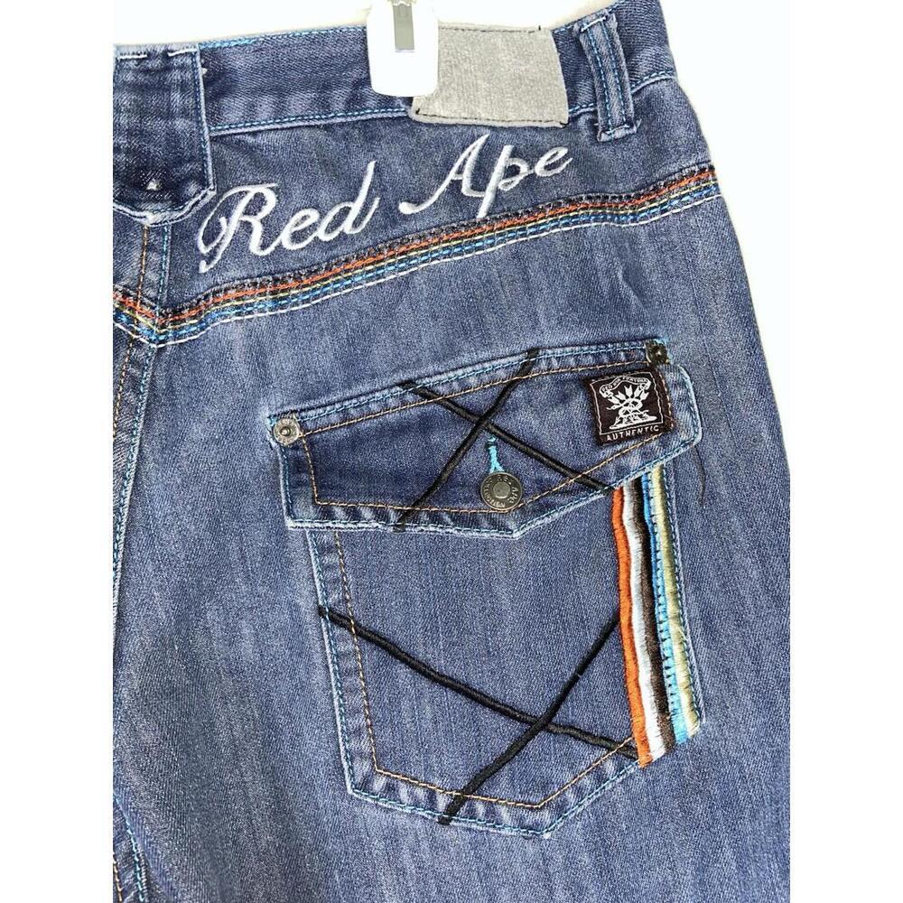 Vintage Y2K Red Ape Embroidered Denim Jean Shorts Size 38 Baggy Hip Hop Plaid - Picture 2 of 16